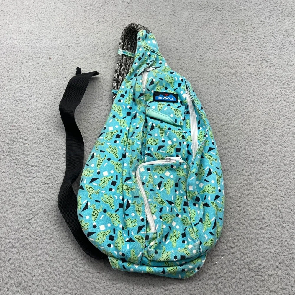 KAVU Rope Bag Crossbody Blue Cactus Geometric Print Canvas Sling Travel Backpack